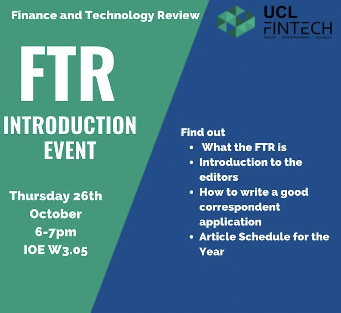 Photo of Flagship Event of UCL FinTech Society called Finance and Technology Review(FTR) Introduction Event